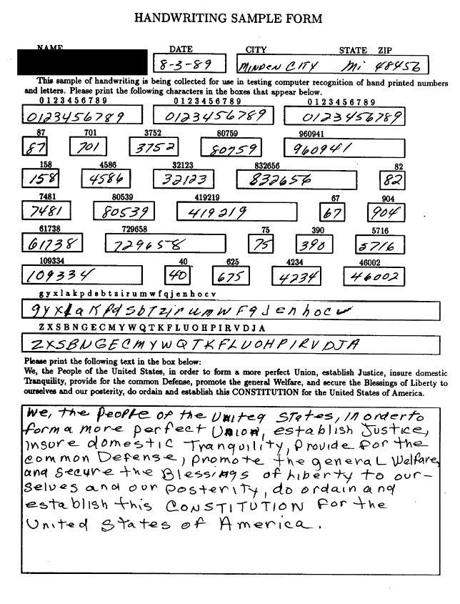 A form with numerous fields filled out, including location, date, and several writing exercises, such as writing the numbers and letters of the English alphabet in different order and with varying cases. At the end, there is a field to write the beginning of the US Declaration of Independence.