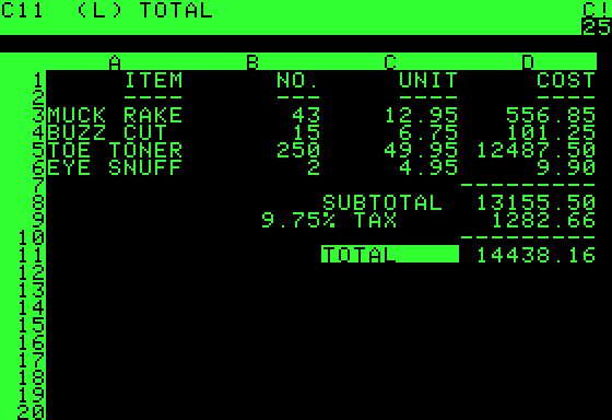 An image of a screen of VisiCalc, showing a black and green screen which looks like a spreadsheet. It is generating an invoice with unit names, IDs, costs and then adding tax and calculating a total.