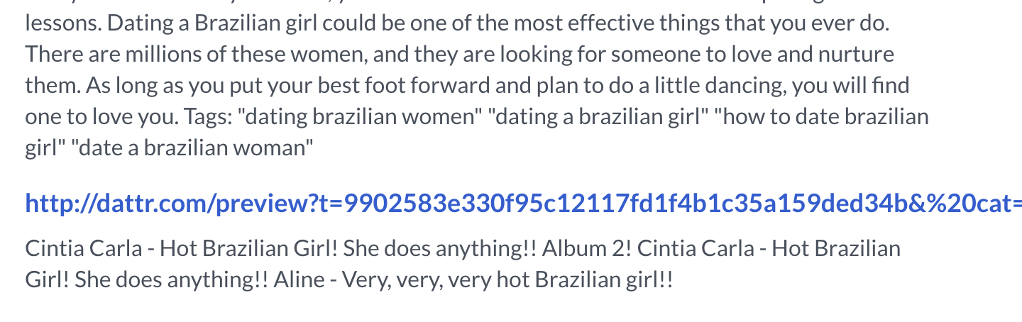 A zoomed-in view of a search results page, where the top result is about how to date a Brazilian girl and the next link down is clearly an advertisement to engage in sex. Citing: Hot Brazilian Girl! She does anything!!