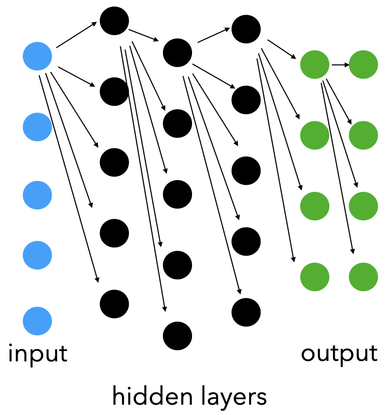 An image of several layers, starting with a blue-colored input layers showing 5 neurons. Then 3 middle layers, called "hidden layers" and two output layers of smaller size. For illustrative purposes, the initial node / neuron in each layer has arrows showing it connects to every node in the next layer.