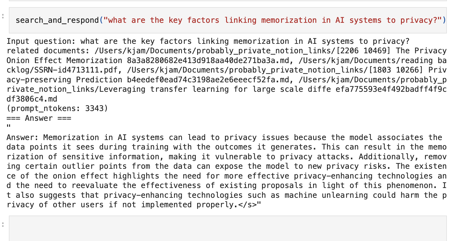 A screenshot of a Jupyter Notebook showing a query and response around memorization in AI systems.