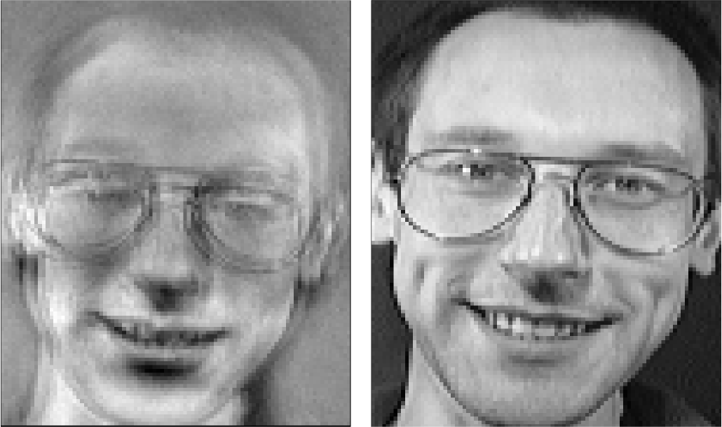 There are two images side by side. The one on the left shows a fuzzy version of the one on the right. The one on the right is the training data of the deep learning model and the one on the left is the extracted image from the model inversion attack.