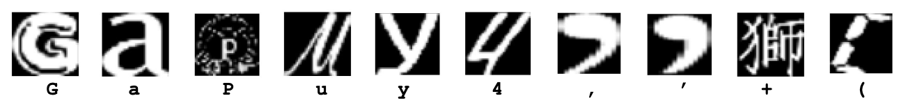 Examples of near-misses from the model, where the image shows the example and then the label is shown below. The examples are hard to identify even for humans, with things like apostrophes being mislabeled as commas or out-of-vocabulary images like a cut-off special font or a Chinese character that is mislabeled.