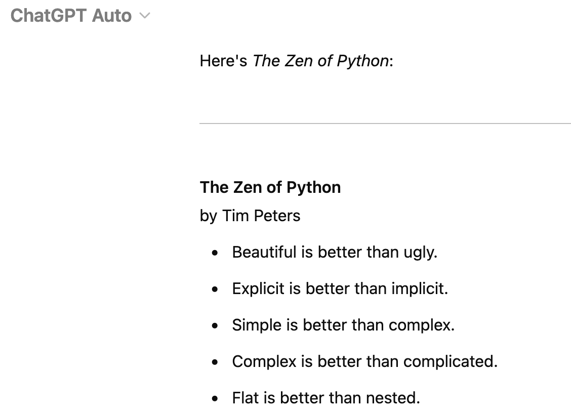 A prompt asks: What's the famous poem import thing in Python? and ChatGPT responds The famous poem import in Python is the "Zen of Python," written by Tim Peters. It is a collection of guiding principles for writing computer programs in the Python language. You can access it by importing this in a Python script or interpreter. It goes on to write the entire Zen of Python word for word.