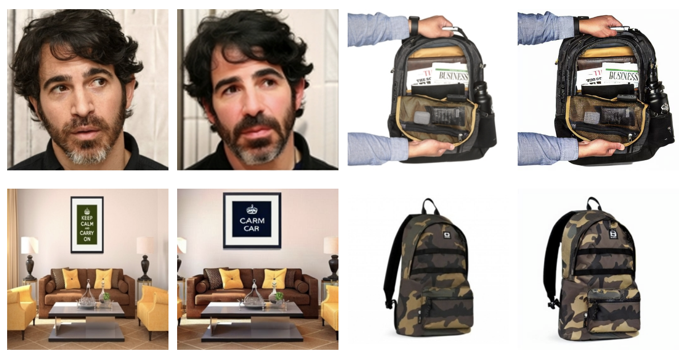 A set of 4 pairs of images, ranging from a backpack to a person's face. Each of the images looks almost the same as the other image, with slight changes in image clarity, dimension or small color changes.