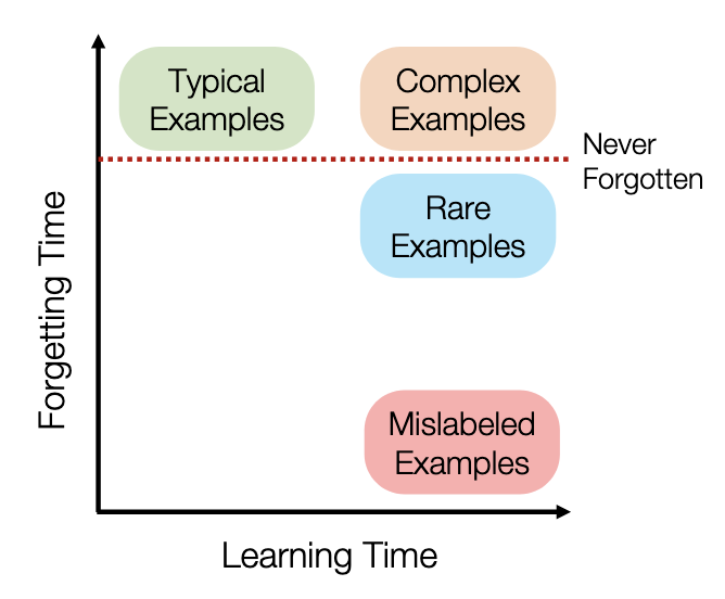 A chart where the y-axis shows forgetting time and the x-axis shows learning time. In the bottom right (i.e. hard to learn easy to forget) there are "mislabeled examples". As you move up on the right (hard to learn) there is rare examples. Then, there is a line where everything above it shows "unforgettable". On the left (easy to learn, hard to forget) there is common examples and on the right (hard to learn and unforgettable) there is "complex examples".