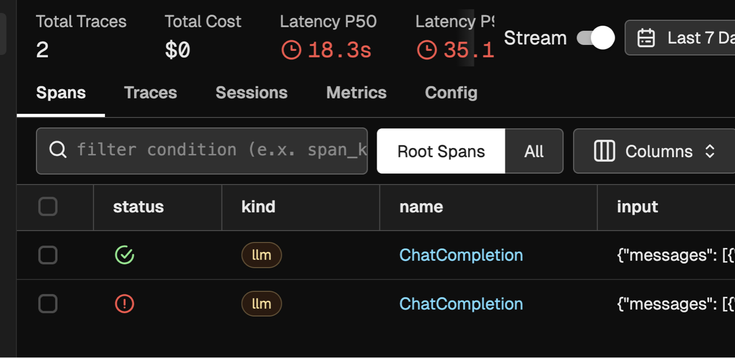 A small dashboard showing several core metrics across the top (token spend and latency). Underneath there is a table of traces showing what messages, if they were successful and the cost and latency.
