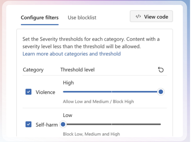 A screenshot showing a form that says Content Filters. In it there are two large configurable categories: violence and self harm. There is a slider that you can move from "low", "medium" and "high" to set the sensitivity of the guardrail.