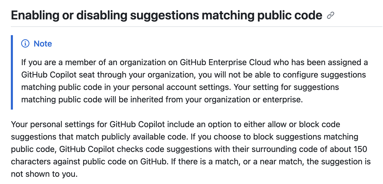 A screenshot titled "Enabling or Disabling suggestions matching public code" from the Copilot documentation. There are several paragraphs describing how to turn the settings on and off for allowing known matches of public code to be either blocked or allowed.
