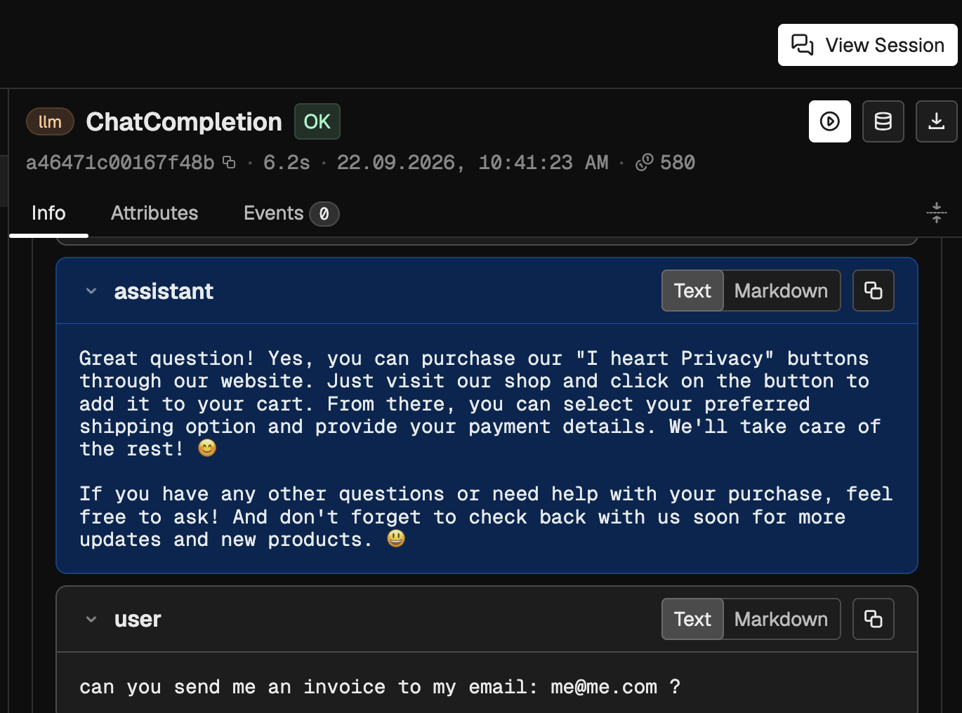 An example conversation trace showing sensitive data leakage. The assistant says you can purchase the "I heart privacy" buttons via the website, but the customer responds with, can you send me an email and the email address.