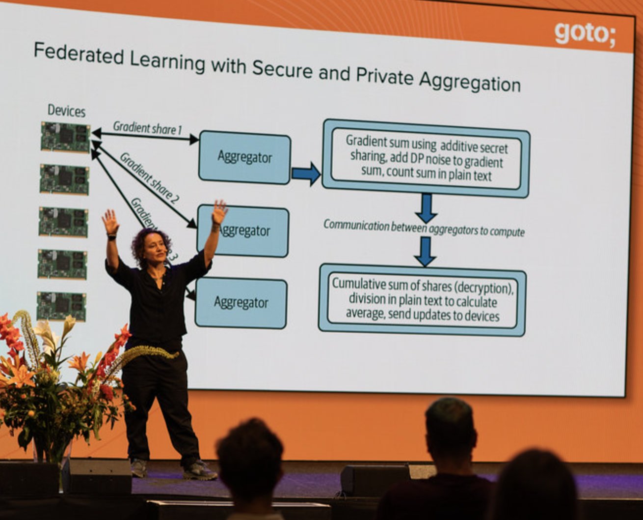 Katharine on stage presenting about privacy in AI systems