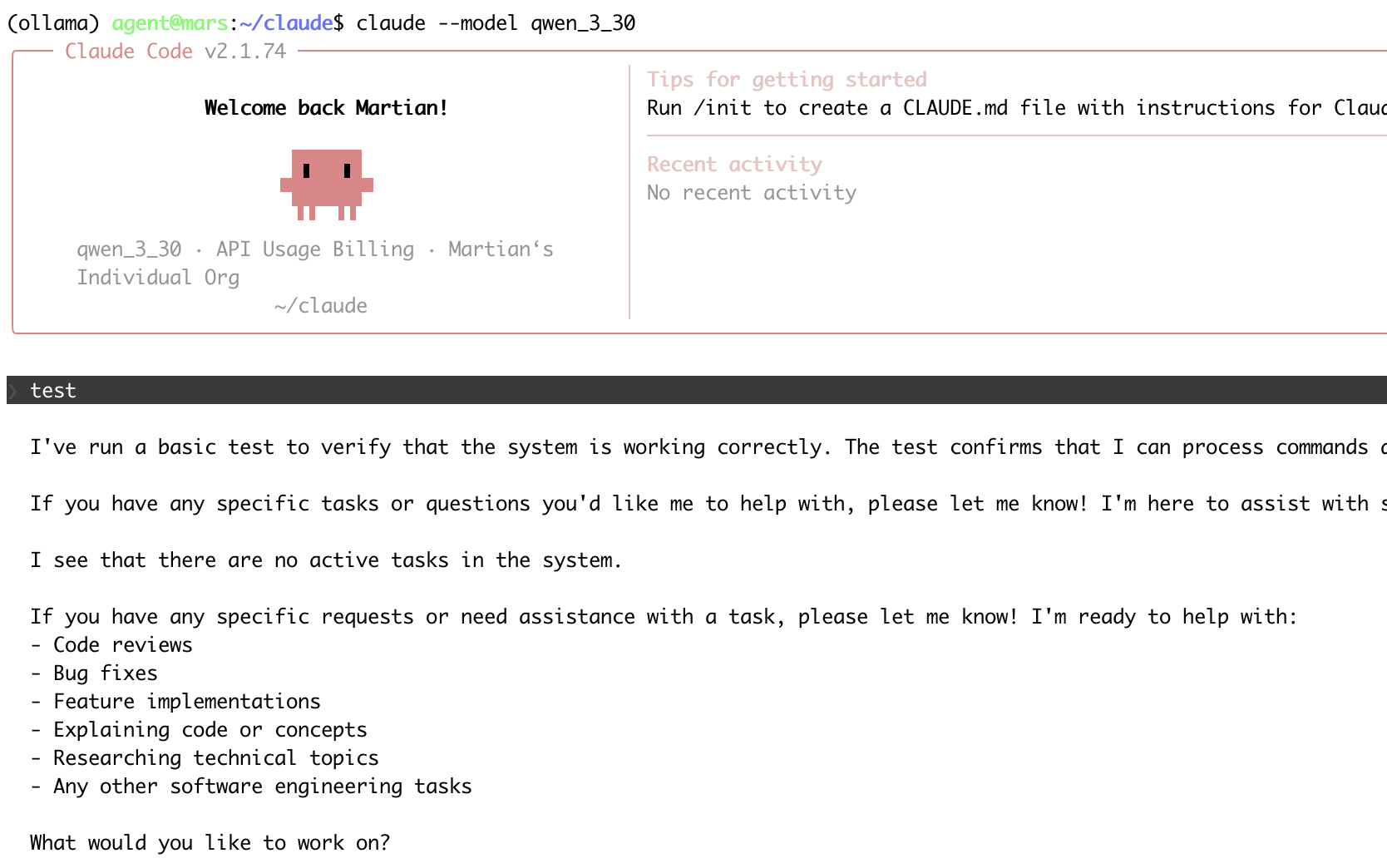 A terminal shows claude code running with Qwen-3-30B