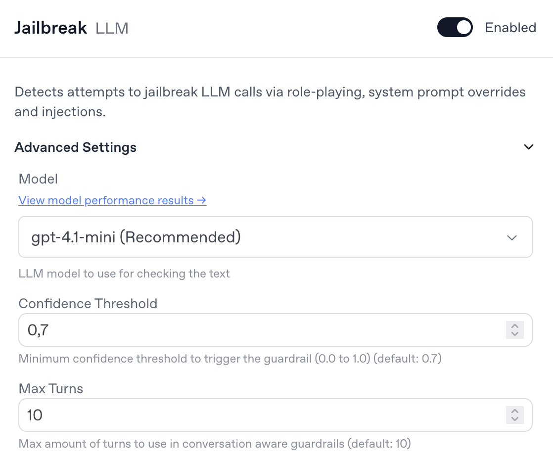 A screenshot of the configuration for OpenAI's jailbreak detection where you can see the model choice, confidence threshold and maximum turns used to find jailbreaks.
