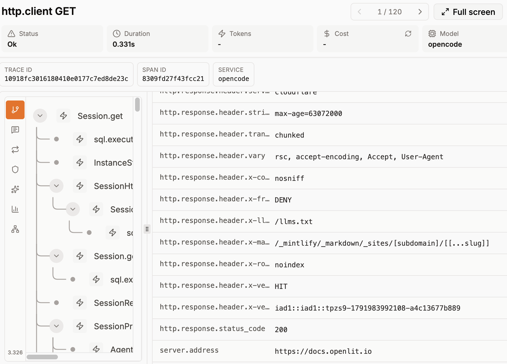 An example series of spans collected from my running OpenCode. Here, I zoom in on attributes of a client.GET to read documentation.